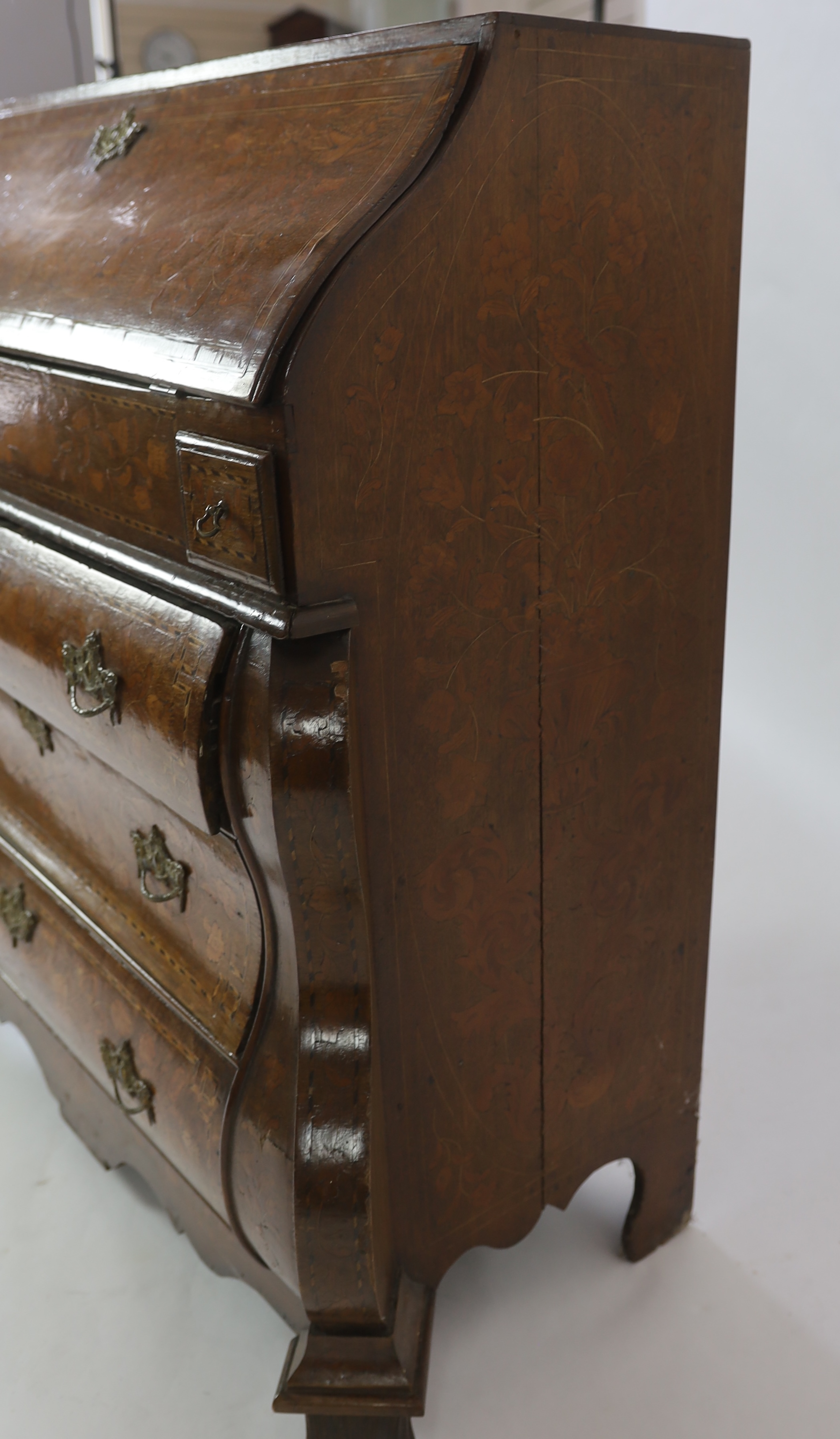 A late 18th century Dutch oak and floral marquetry double bombe bureau
